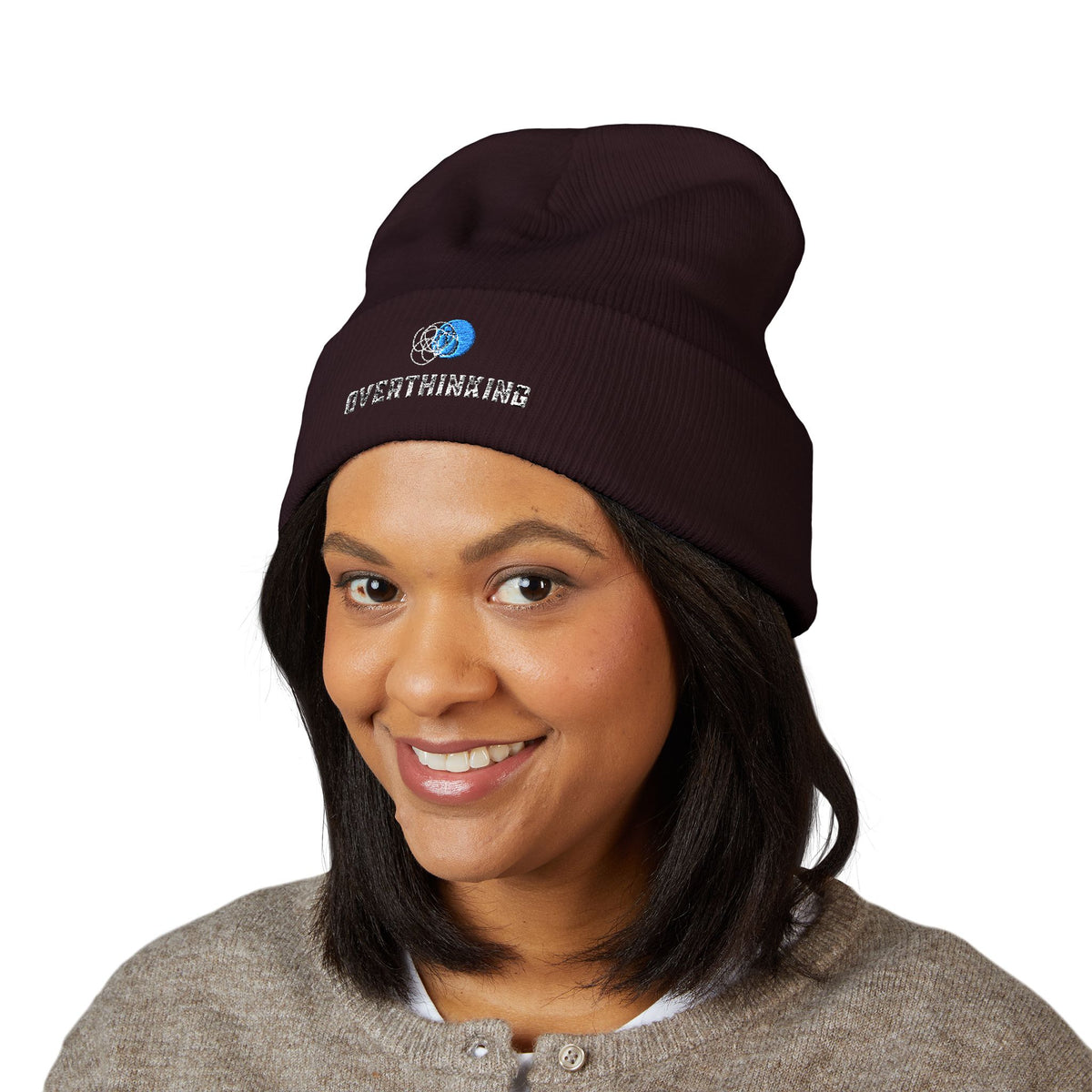 Overthinking | Dark Colored, Classic Cuffed Beanie (Embroidery)