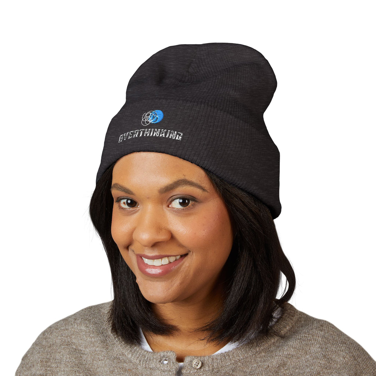 Overthinking | Dark Colored, Classic Cuffed Beanie (Embroidery)
